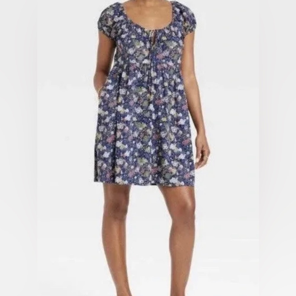 Navy Floral Mini Baby Doll Dress with elastic puff short sleeves & pocke…